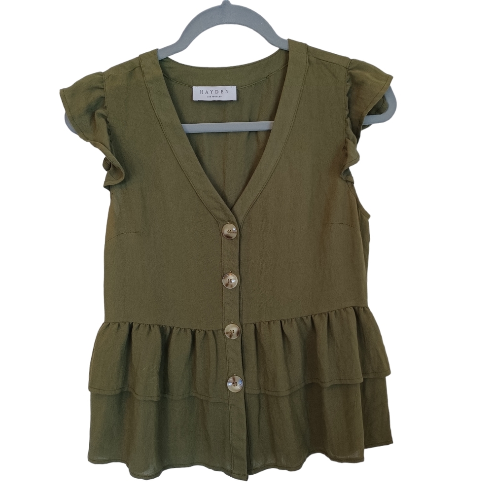 Hayden Los Angeles Olive Green V-Neck Ruffle Sleeve Tiered Peplum Blouse S H7496